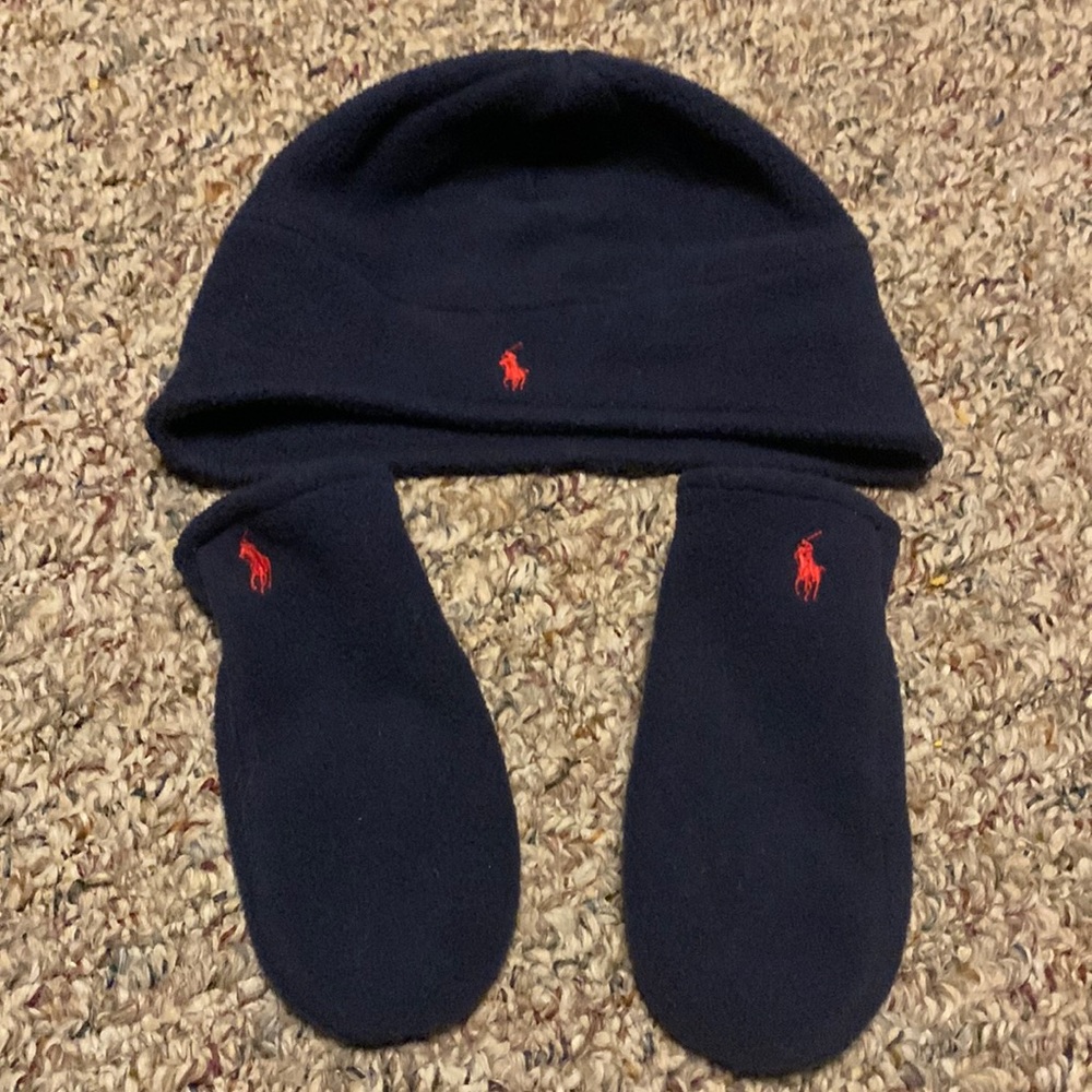 Polo Ralph Lauren Navy Hat & Mitten set Youth Boys Toddler One Size fleece
